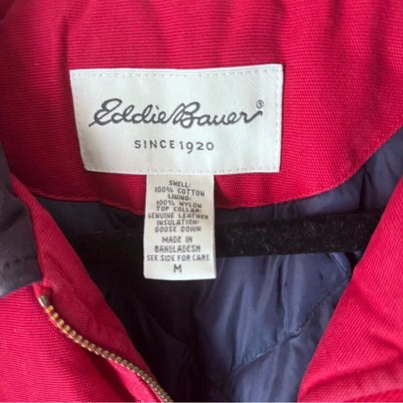 Eddie Bauer Down Red Barn Chore Jacket Coat Leather Suede Brown Collar - Picture 2 of 7
